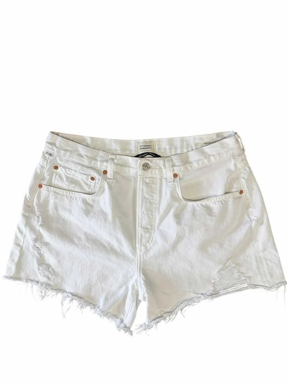 Citizens Of Humanity White Distressed Annabelle Long Frayed Denim Shorts
